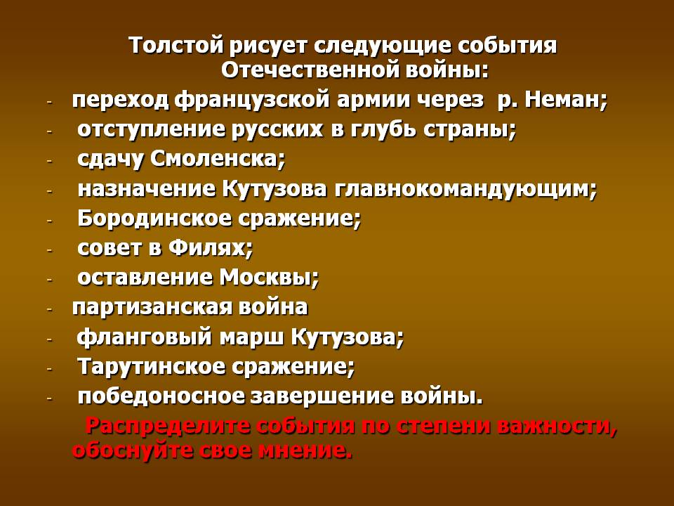Толстой рисует следующие события Отечественной войны