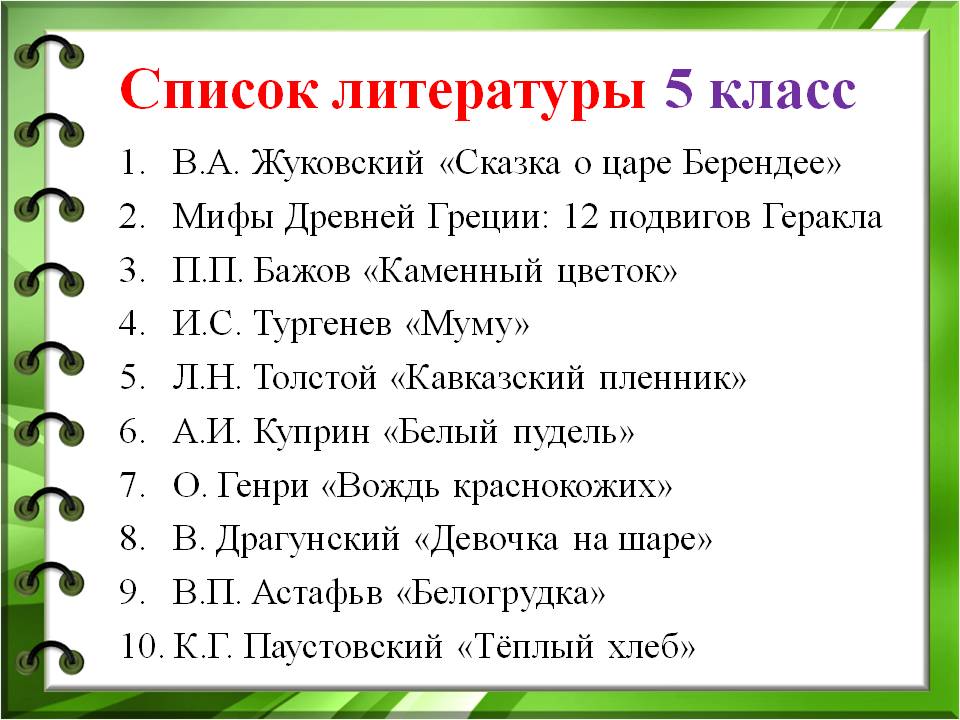 Список литературы 5 класс