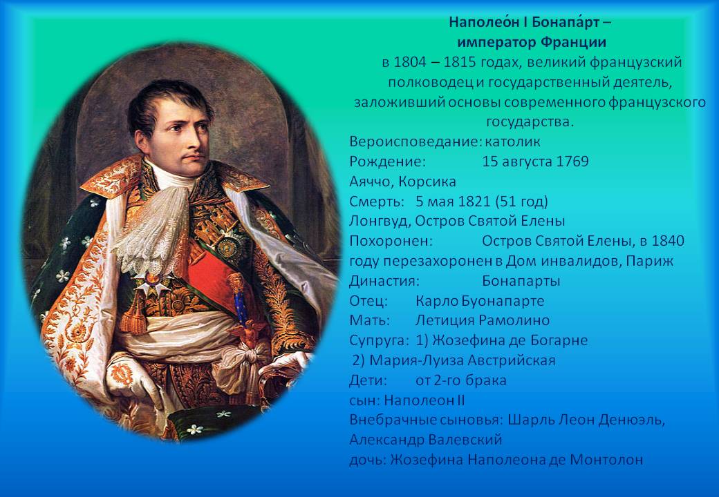Наполеон I Бонапарт — император Франции в 1804 — 1815 годах, великий